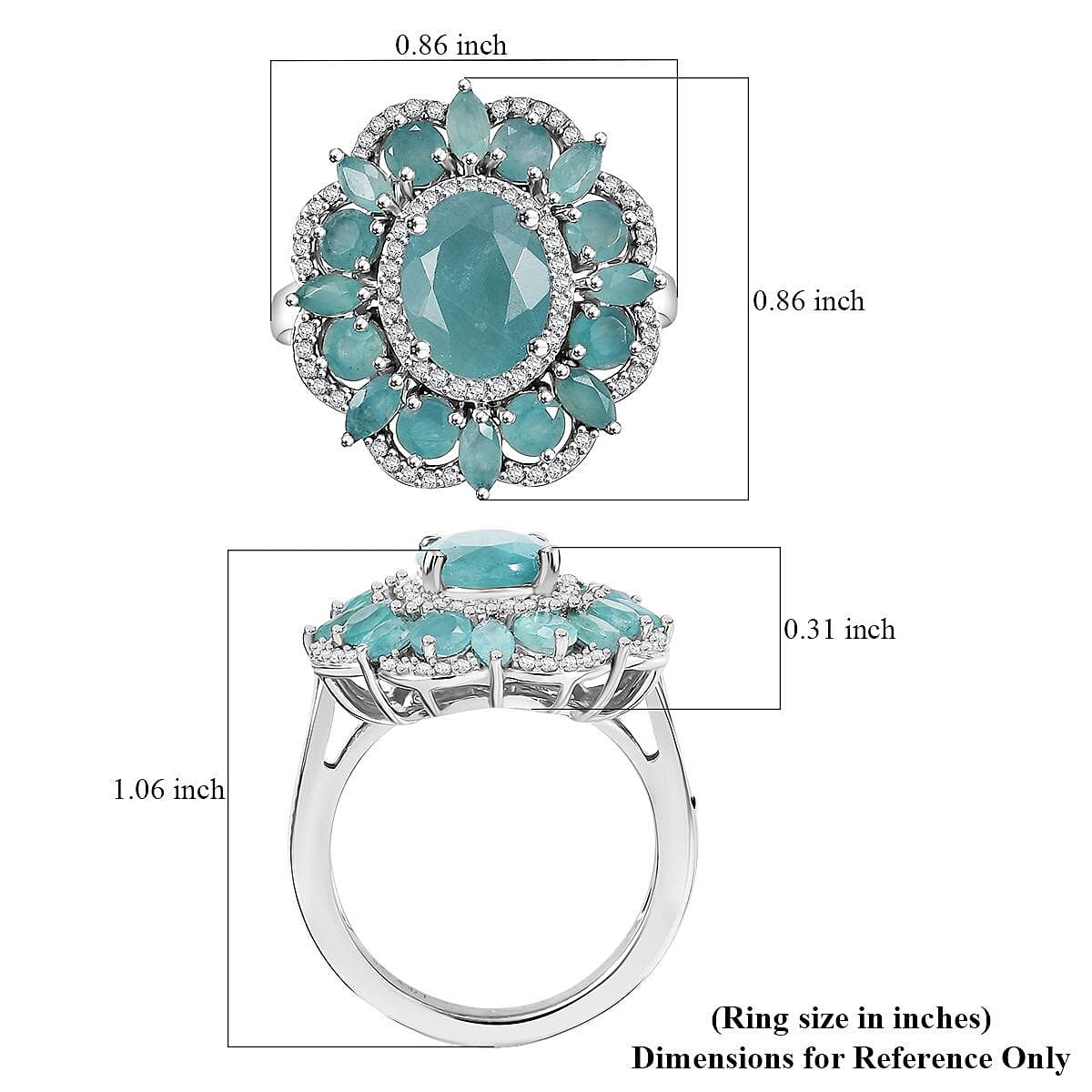 Grandidierite and White Zircon 4.25 ctw Camellia Spark Ring in Rhodium Over Sterling Silver (Size 6.0) image number 5