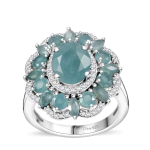 Grandidierite and White Zircon 4.25 ctw Camellia Spark Ring in Rhodium Over Sterling Silver (Size 7.0)