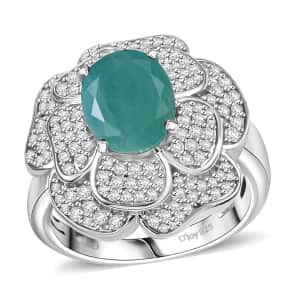 Grandidierite and White Zircon 4.25 ctw Camellia Flower Ring in Rhodium Over Sterling Silver (Size 10.0)