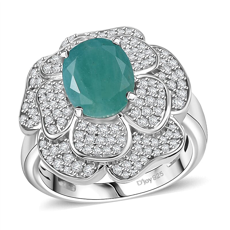 D'Joy Grandidierite and White Zircon 4.25 ctw Camellia Flower Ring in Rhodium Over Sterling Silver (Size 10.0)