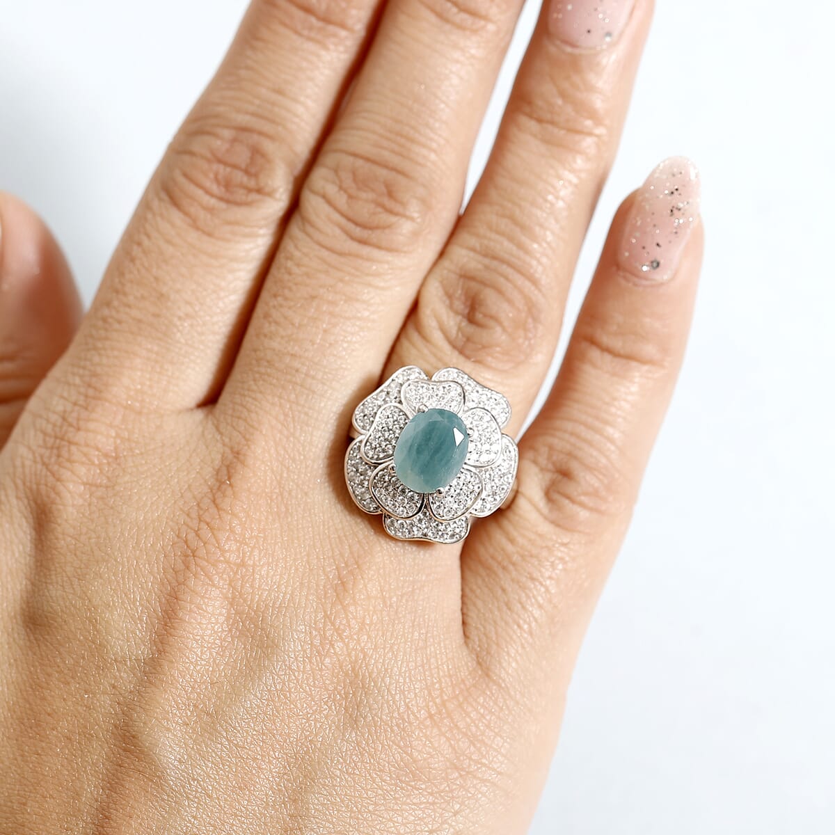 Grandidierite and White Zircon 4.25 ctw Camellia Flower Ring in Rhodium Over Sterling Silver (Size 10.0) image number 2