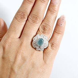 D'Joy Grandidierite and White Zircon 4.25 ctw Camellia Flower Ring in Rhodium Over Sterling Silver (Size 10.0)