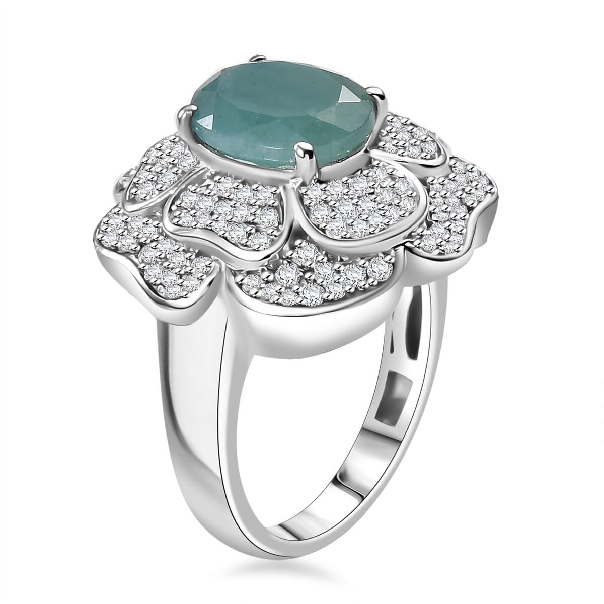Grandidierite and White Zircon 4.25 ctw Camellia Flower Ring in Rhodium Over Sterling Silver (Size 10.0) image number 3