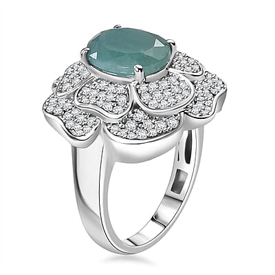 D'Joy Grandidierite and White Zircon 4.25 ctw Camellia Flower Ring in Rhodium Over Sterling Silver (Size 10.0)