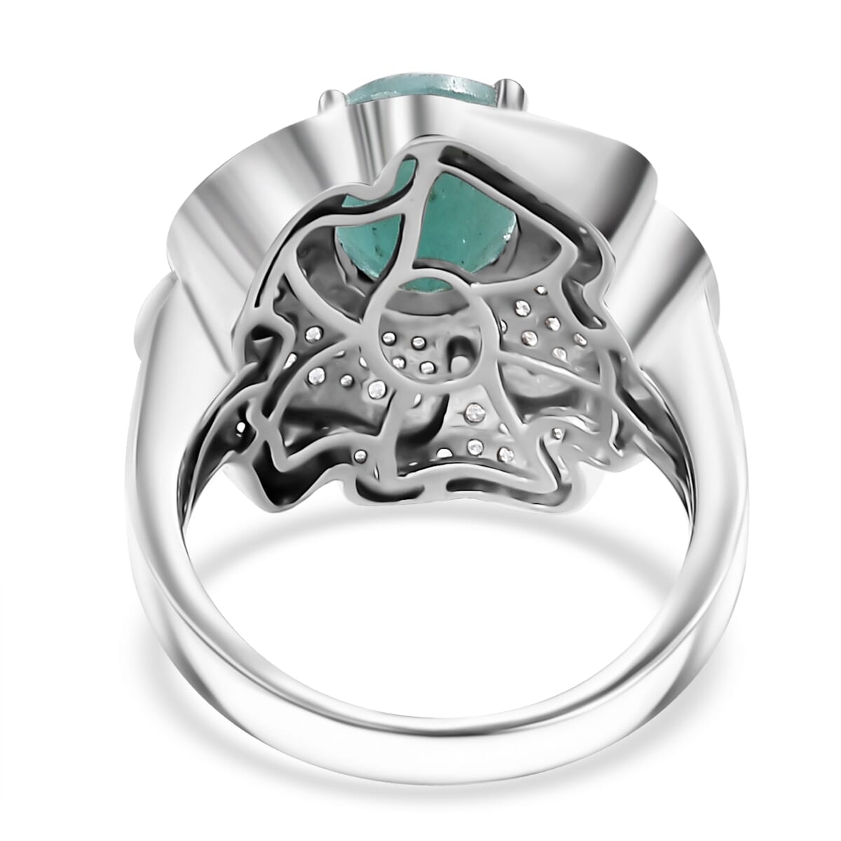 Grandidierite and White Zircon 4.25 ctw Camellia Flower Ring in Rhodium Over Sterling Silver (Size 10.0) image number 4