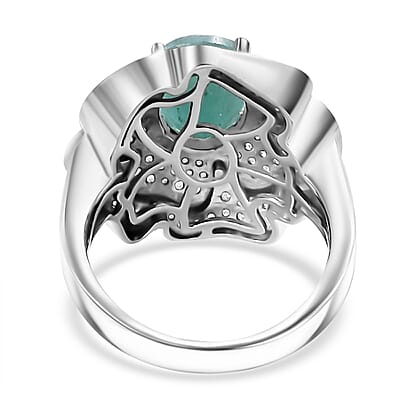D'Joy Grandidierite and White Zircon 4.25 ctw Camellia Flower Ring in Rhodium Over Sterling Silver (Size 10.0)