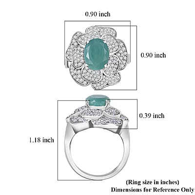 D'Joy Grandidierite and White Zircon 4.25 ctw Camellia Flower Ring in Rhodium Over Sterling Silver (Size 10.0)