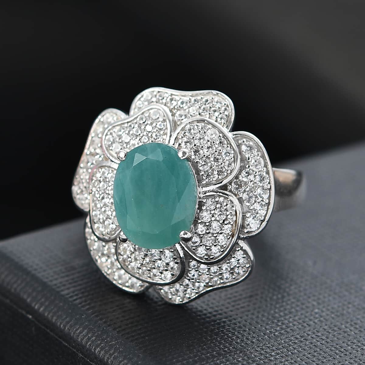 Grandidierite and White Zircon 4.25 ctw Camellia Flower Ring in Rhodium Over Sterling Silver (Size 6.0) image number 1