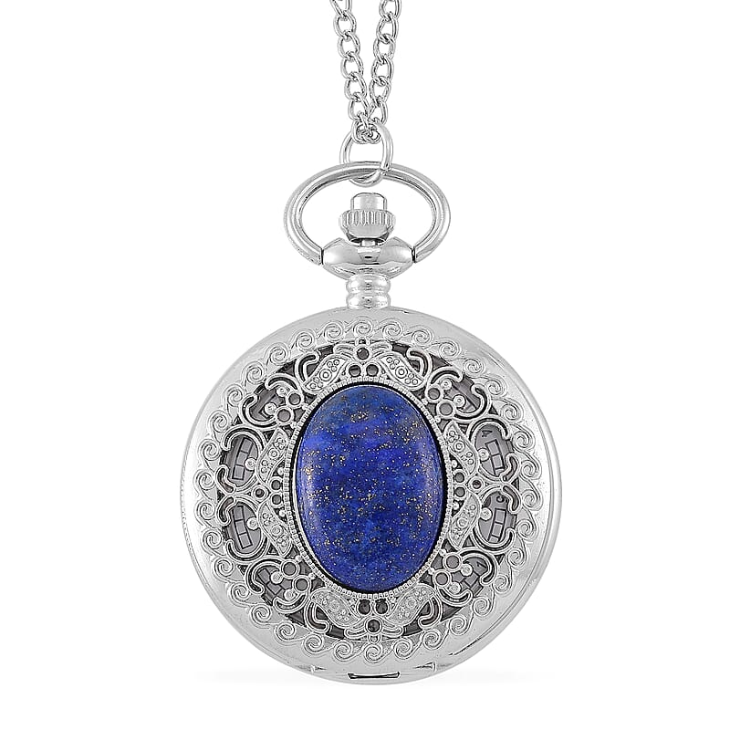 Strada Lapis Lazuli Japanese Movement Floral Pocket Watch With Chain 36 Inches