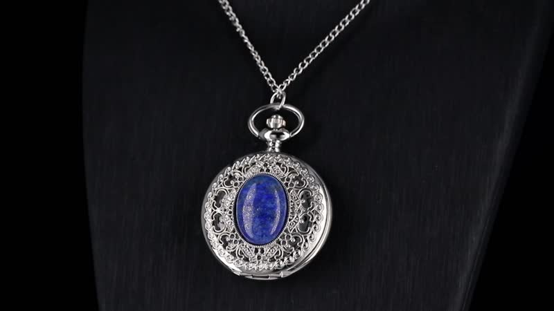 Strada Lapis Lazuli Japanese Movement Floral Pocket Watch With Chain (36 In) (46.7mm) 18.00 ctw