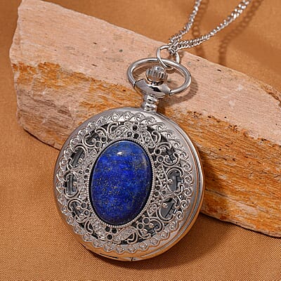 Strada Lapis Lazuli Japanese Movement Floral Pocket Watch With Chain 36 Inches