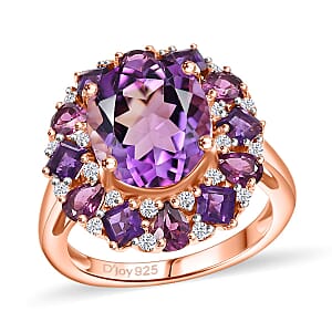 D'Joy AAA Rose De France Amethyst and Multi Gemstone 8.20 ctw Dahlia Flower Ring in 18K Vermeil Rose Gold Over Sterling Silver (Size 7.0)