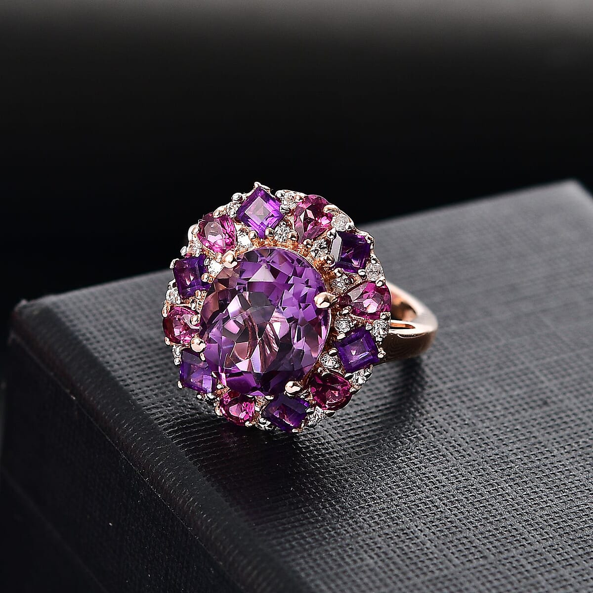 D'Joy AAA Rose De France Amethyst and Multi Gemstone 8.20 ctw Dahlia Flower Ring in 18K Vermeil Rose Gold Over Sterling Silver (Size 7.0) image number 1