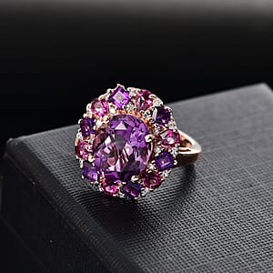 D'Joy AAA Rose De France Amethyst and Multi Gemstone 8.20 ctw Dahlia Flower Ring in 18K Vermeil Rose Gold Over Sterling Silver (Size 7.0)