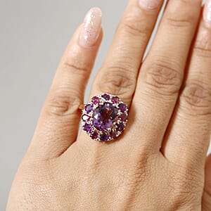 D'Joy AAA Rose De France Amethyst and Multi Gemstone 8.20 ctw Dahlia Flower Ring in 18K Vermeil Rose Gold Over Sterling Silver (Size 7.0)