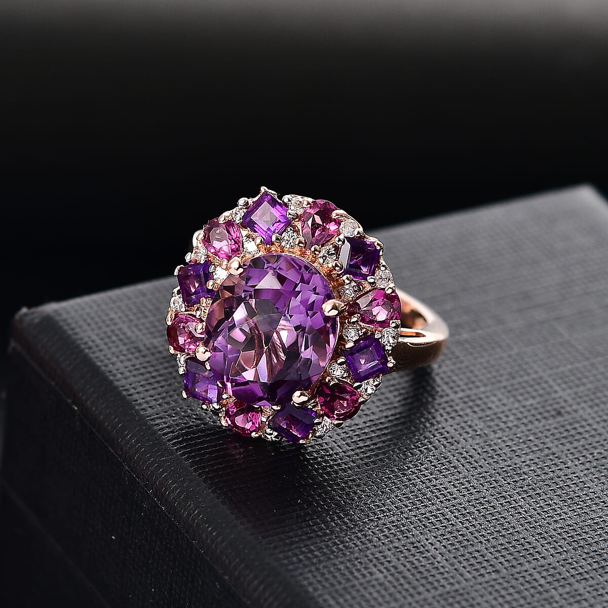 AAA Rose De France Amethyst and Multi Gemstone 8.20 ctw Dahlia Flower Ring in 18K Vermeil Rose Gold Over Sterling Silver (Size 8.0) image number 1