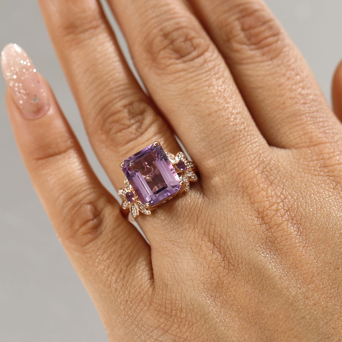AAA Rose De France Amethyst and Multi Gemstone 6.20 ctw Floral Ring in 18K Vermeil Rose Gold Over Sterling Silver (Size 9.0) image number 2
