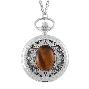 Strada Yellow Tigers Eye Japanese Movement Floral Pocket Watch With Chain 36 Inches