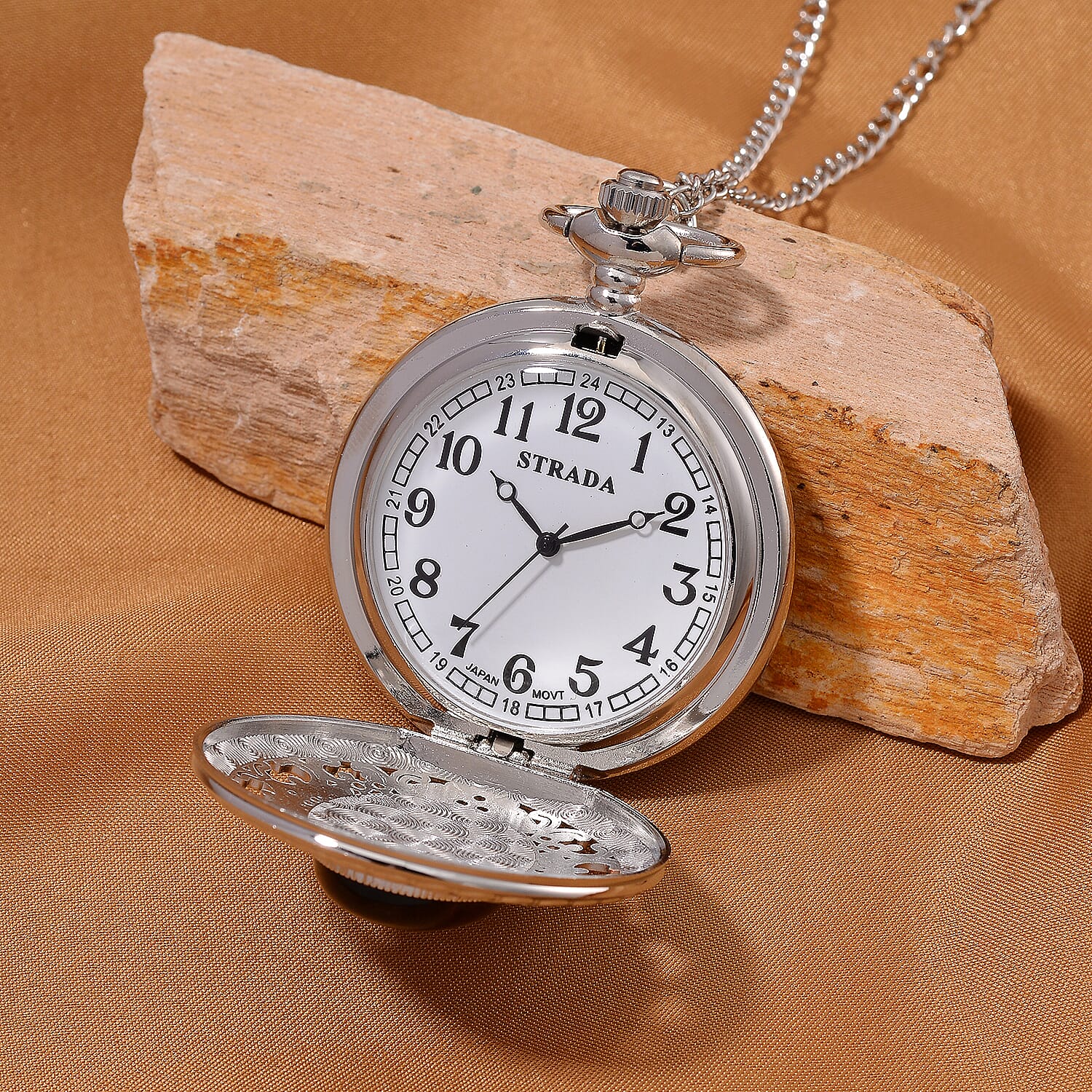 Strada Yellow Tigers Eye Japanese Movement Floral Pocket Watch With Chain 36 Inches