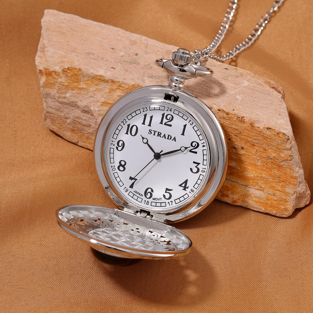 Strada Yellow Tigers Eye Japanese Movement Floral Pocket Watch With Chain 36 Inches image number 2