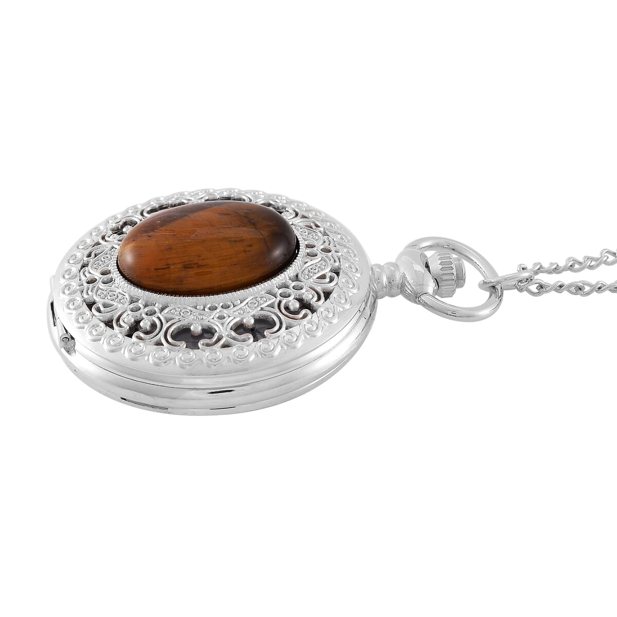 Strada Yellow Tigers Eye Japanese Movement Floral Pocket Watch With Chain 36 Inches image number 3