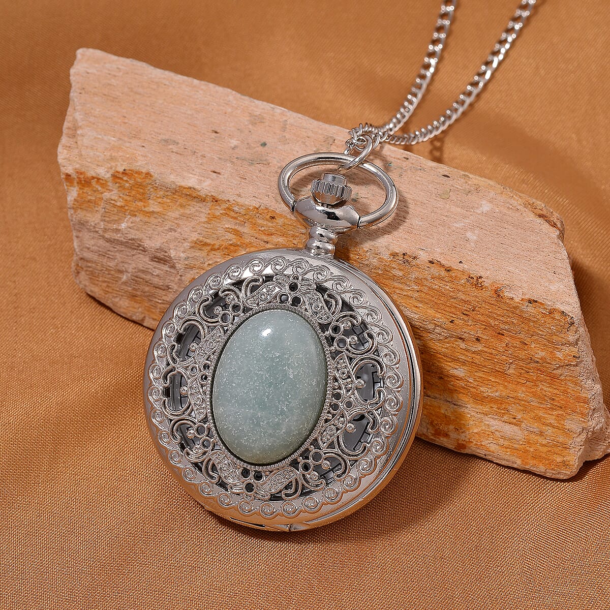 Strada Amazonite Japanese Movement Floral Pocket Watch With Chain 36 Inches image number 1