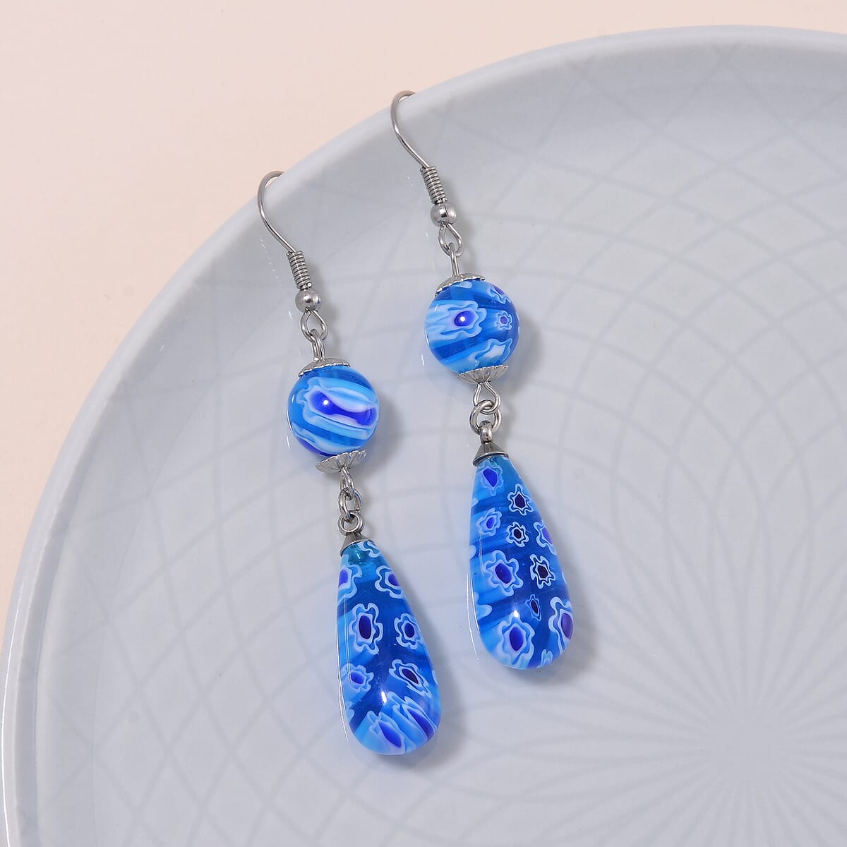 Value Buy Blue Murano Style Earrings in Stainless Steel image number 1