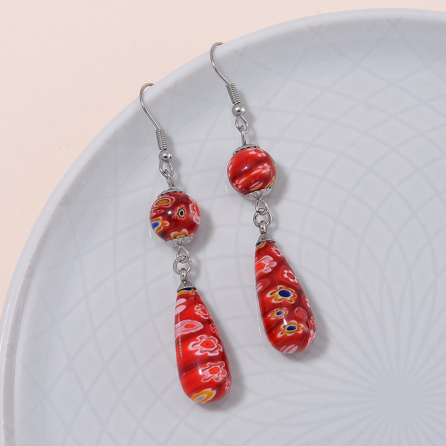 Red Murano Style Earrings in Stainless Steel