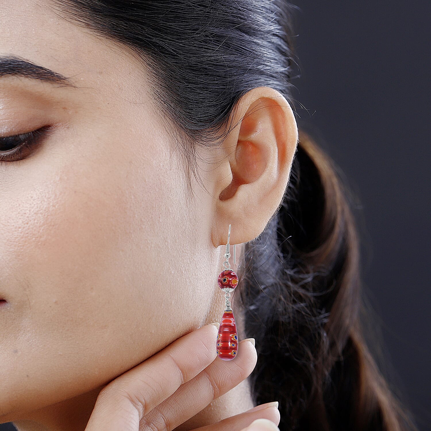 Red Murano Style Earrings in Stainless Steel