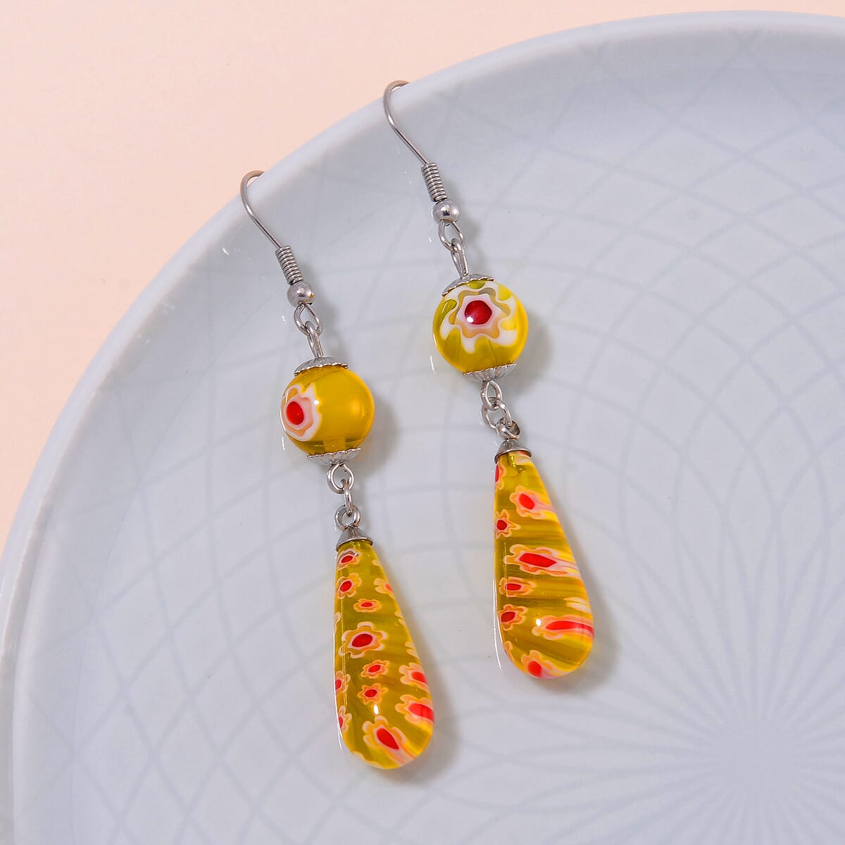Yellow Murano Style Earrings in Stainless Steel image number 1
