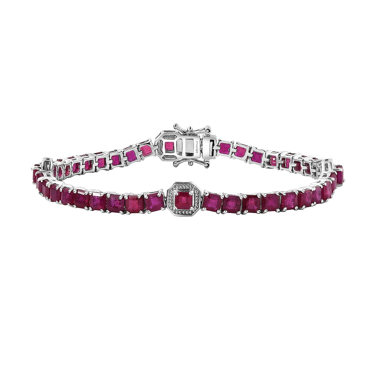 Asscher Cut Niassa Ruby (FF) 22.80 ctw Serene Harmony Bracelet in Rhodium Over Sterling Silver (8.00 In) image number 0