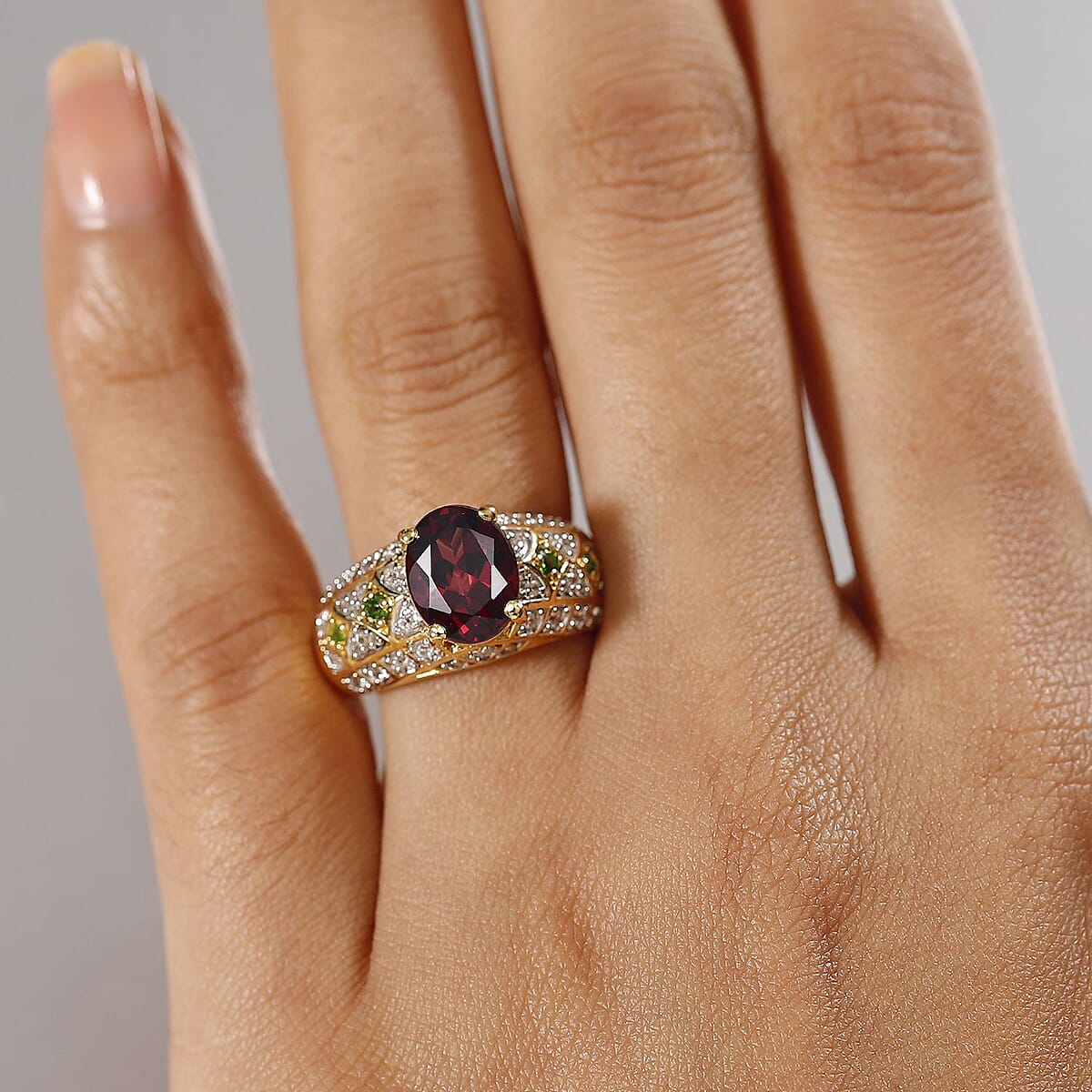 Mozambique Garnet, Multi Gemstone Art Deco Ring in 18K Vermeil YG Over Sterling Silver (Size 10.0) 3.80 ctw image number 2