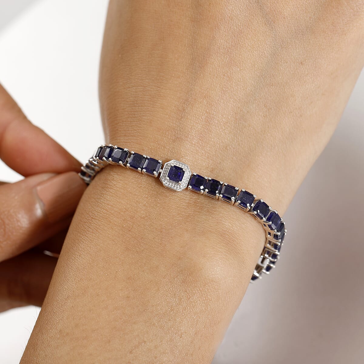 Asscher Cut Masoala Sapphire (D) 23.90 ctw Serene Harmony Bracelet in Rhodium Over Sterling Silver (8.00 In) image number 2