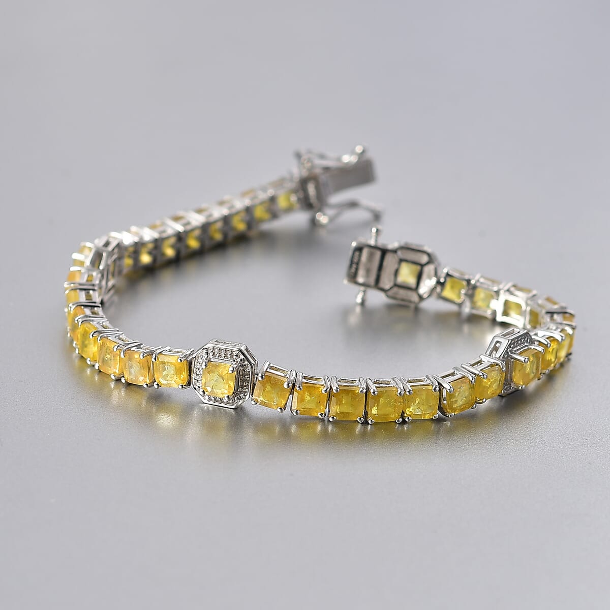 Asscher Cut Yellow Sapphire (FF) 18.10 ctw Serene Harmony Bracelet in Rhodium Over Sterling Silver (6.50 In) image number 1