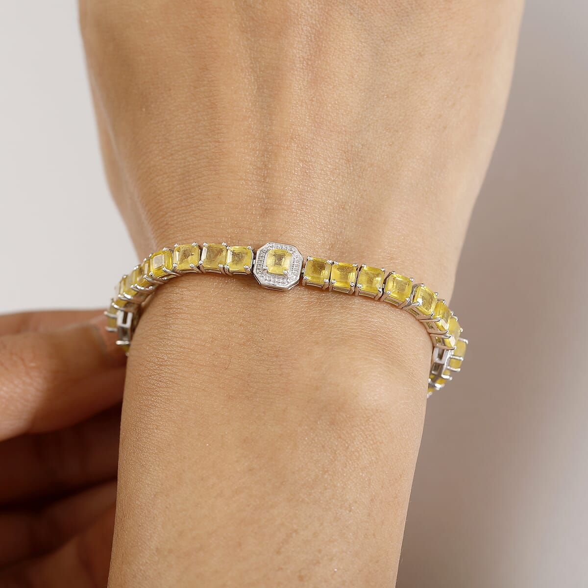 Asscher Cut Yellow Sapphire (FF) 18.10 ctw Serene Harmony Bracelet in Rhodium Over Sterling Silver (6.50 In) image number 2
