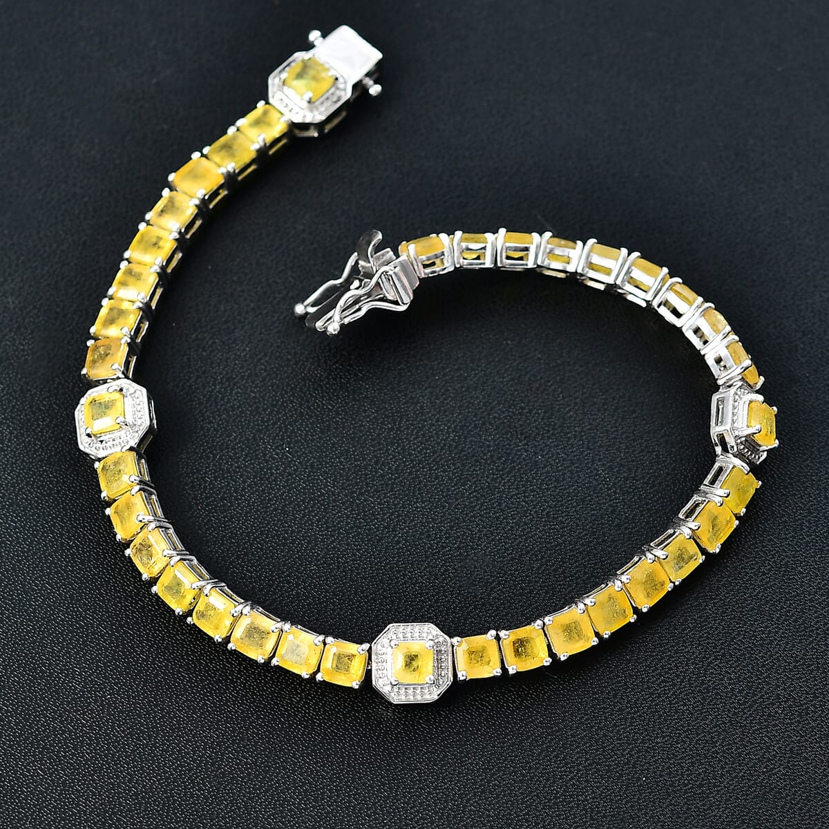 Asscher Cut Yellow Sapphire (FF) 20.35 ctw Serene Harmony Bracelet in Rhodium Over Sterling Silver (7.25 In) image number 1