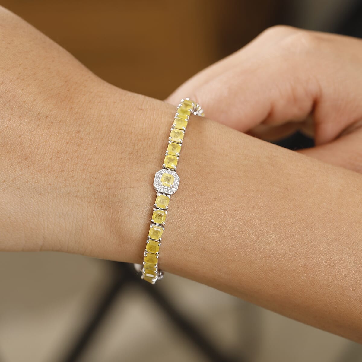 Asscher Cut Yellow Sapphire (FF) 20.35 ctw Serene Harmony Bracelet in Rhodium Over Sterling Silver (7.25 In) image number 2