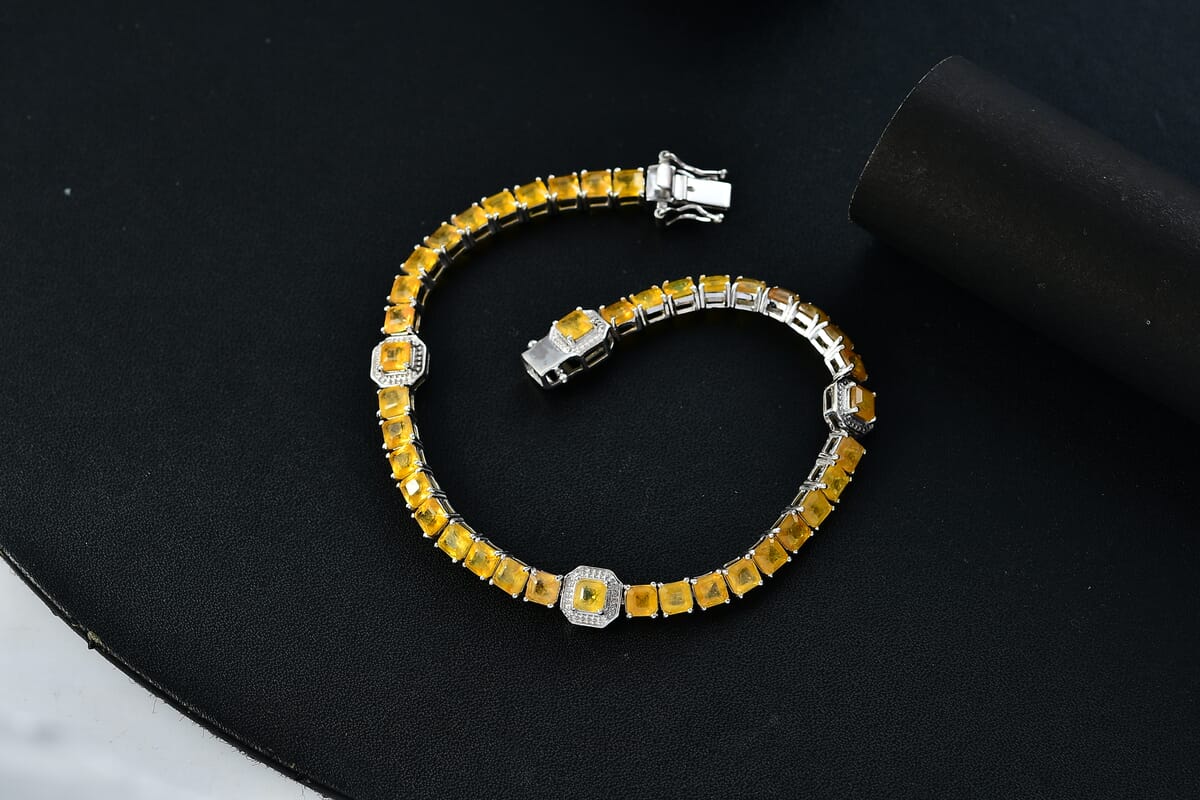 Asscher Cut Yellow Sapphire (FF) 20.70 ctw Serene Harmony Bracelet in Rhodium Over Sterling Silver (8.00 In) image number 1