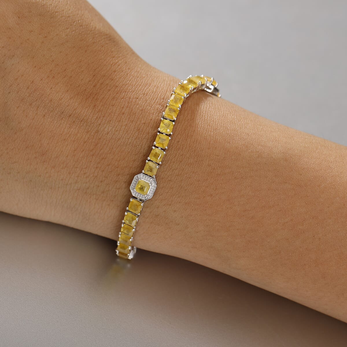 Asscher Cut Yellow Sapphire (FF) 20.70 ctw Serene Harmony Bracelet in Rhodium Over Sterling Silver (8.00 In) image number 2