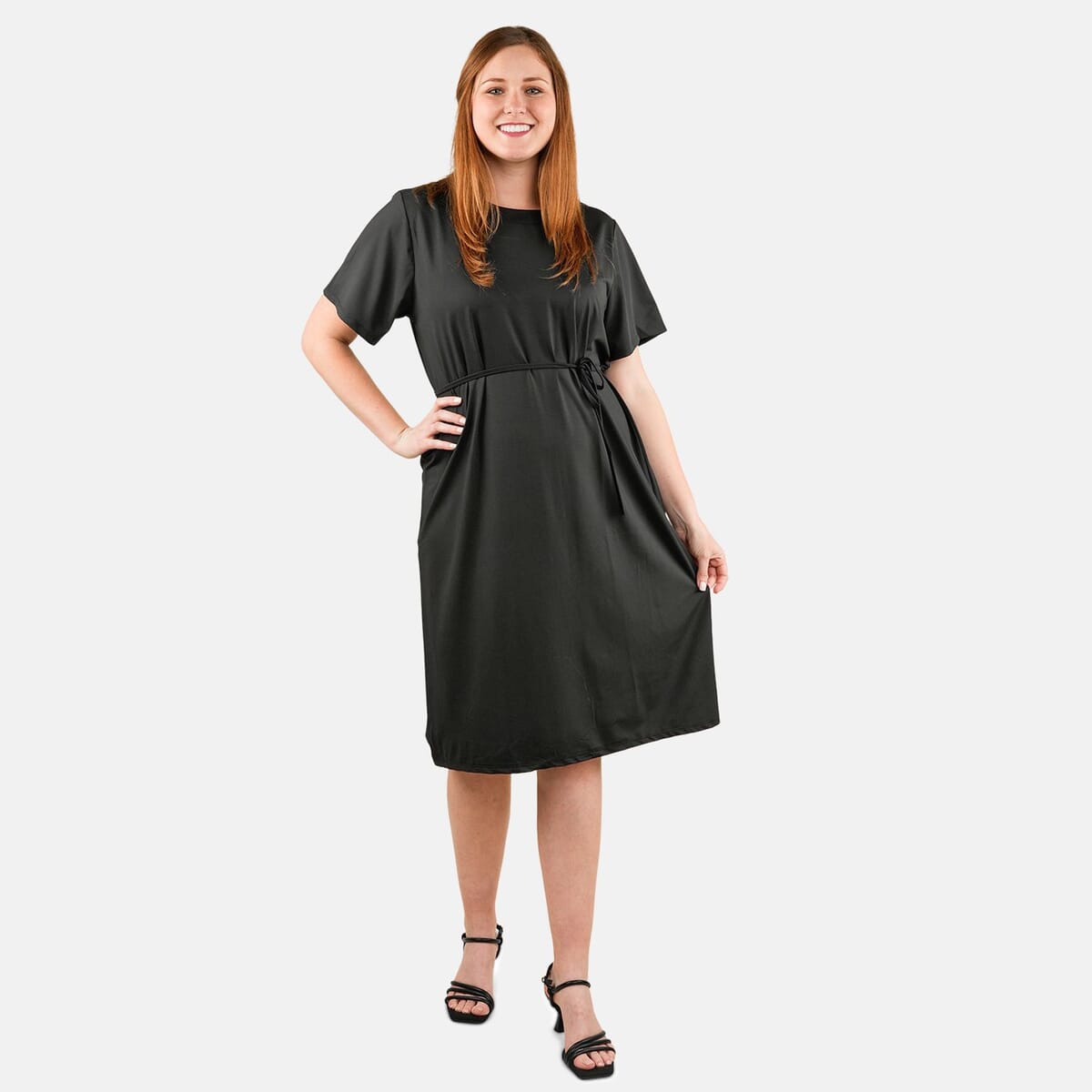 Tamsy Black Round Neck Midi Dress with Waist Tie - US Medium image number 0