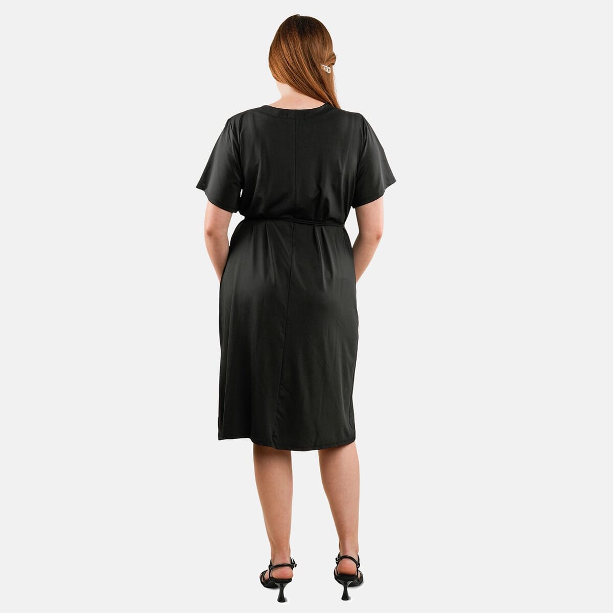 Tamsy Black Round Neck Midi Dress with Waist Tie - US Medium image number 1