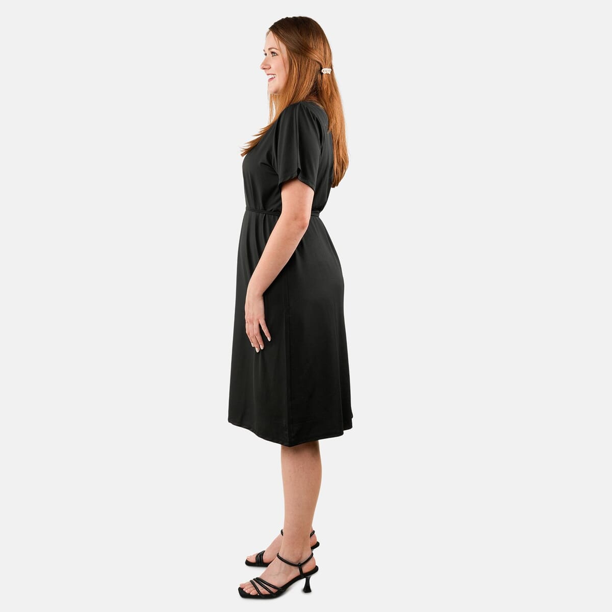 Tamsy Black Round Neck Midi Dress with Waist Tie - US Medium image number 2