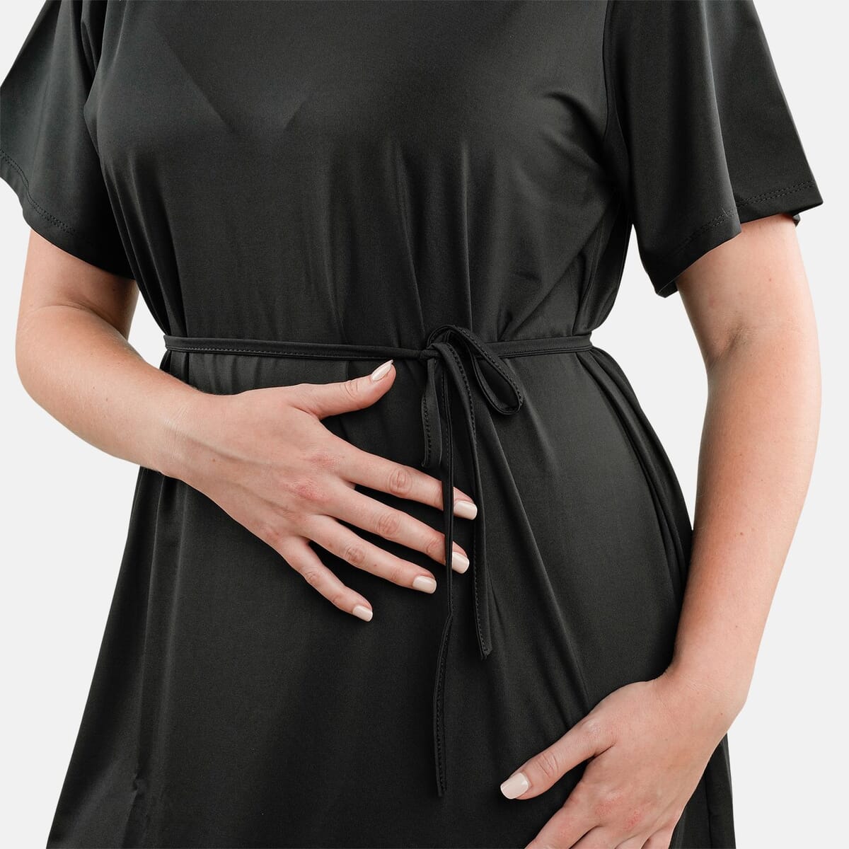Tamsy Black Round Neck Midi Dress with Waist Tie - US Medium image number 3