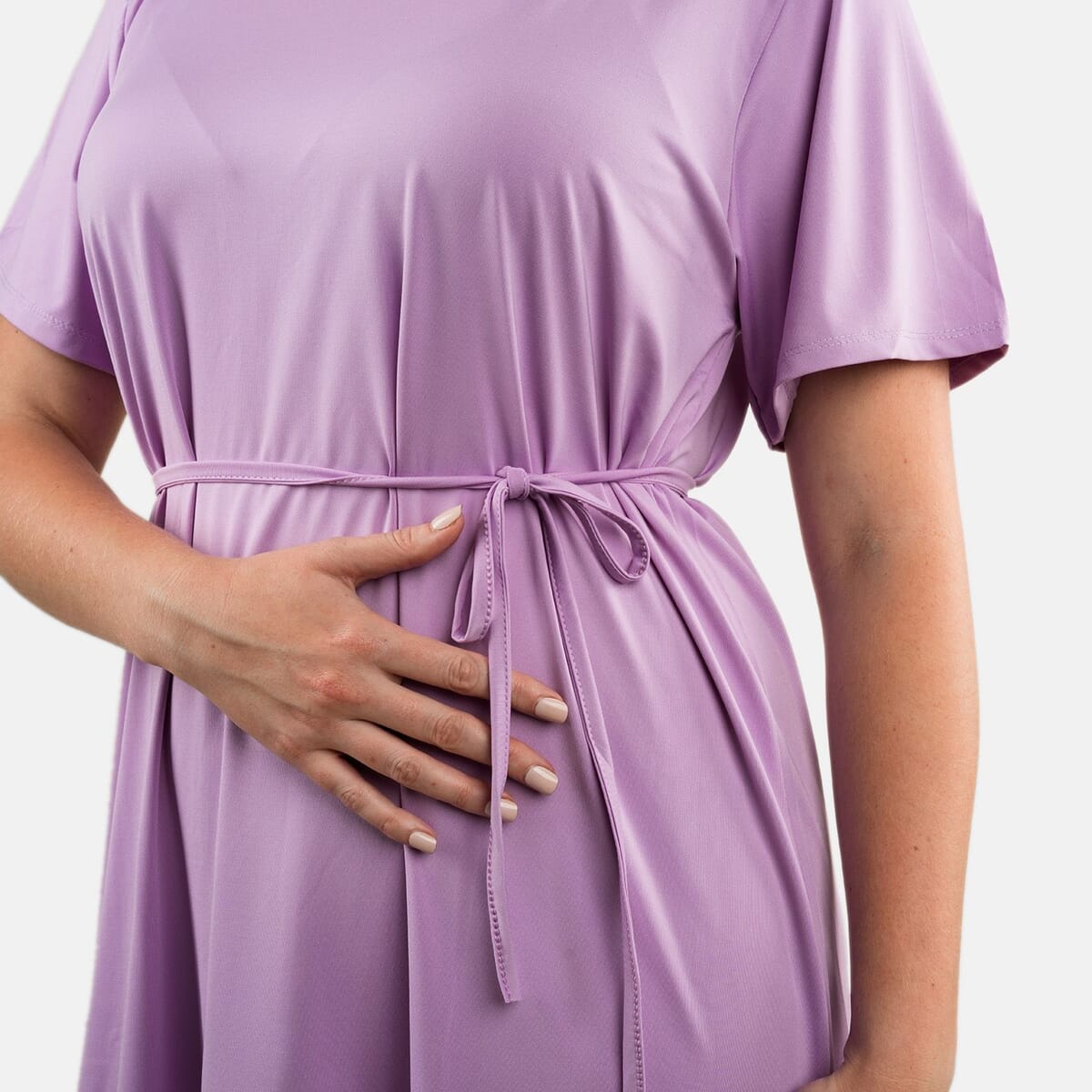 Tamsy Lilac Round Neck Midi Dress with Waist Tie - US Medium image number 3