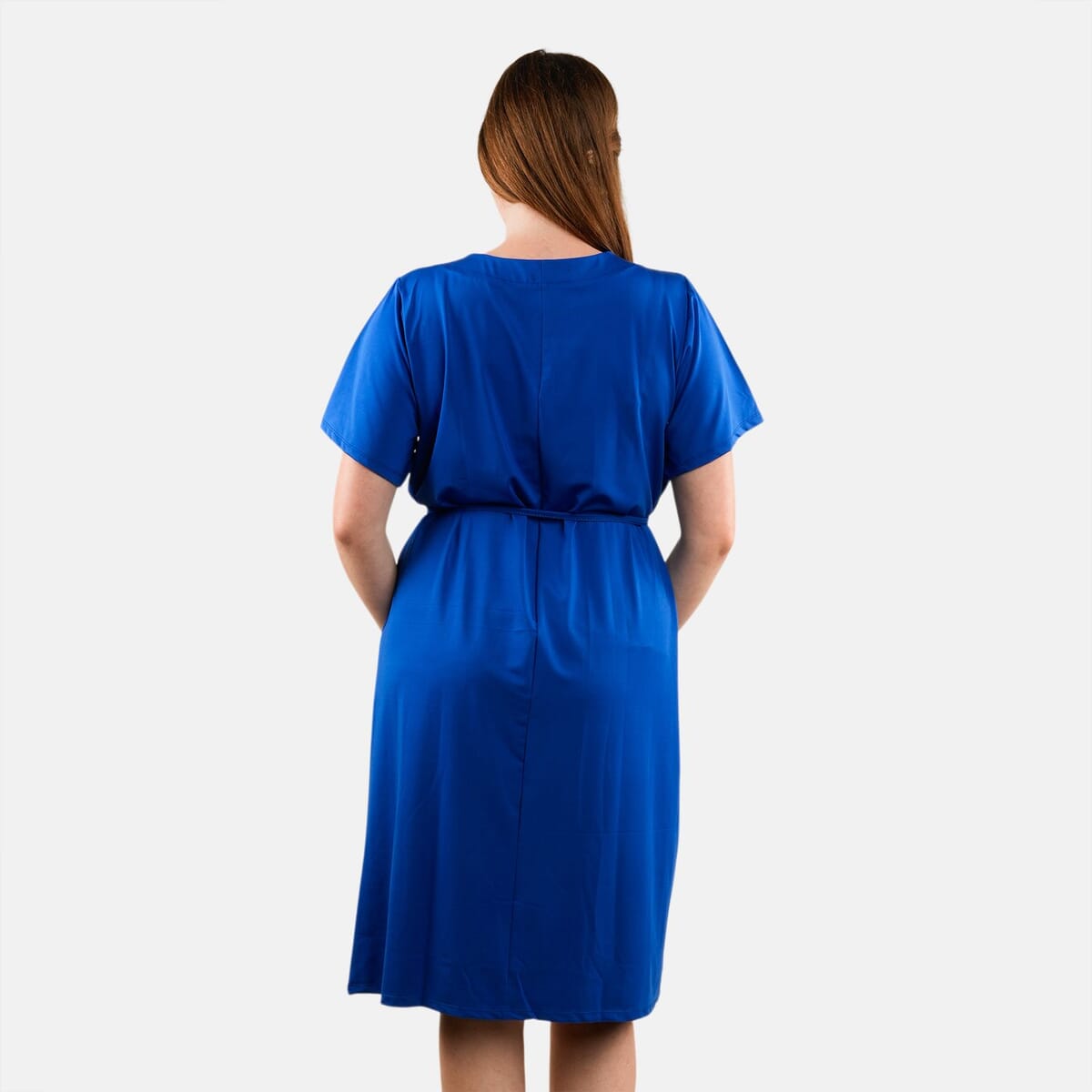 Tamsy Blue Round Neck Midi Dress with Waist Tie - US Medium image number 1