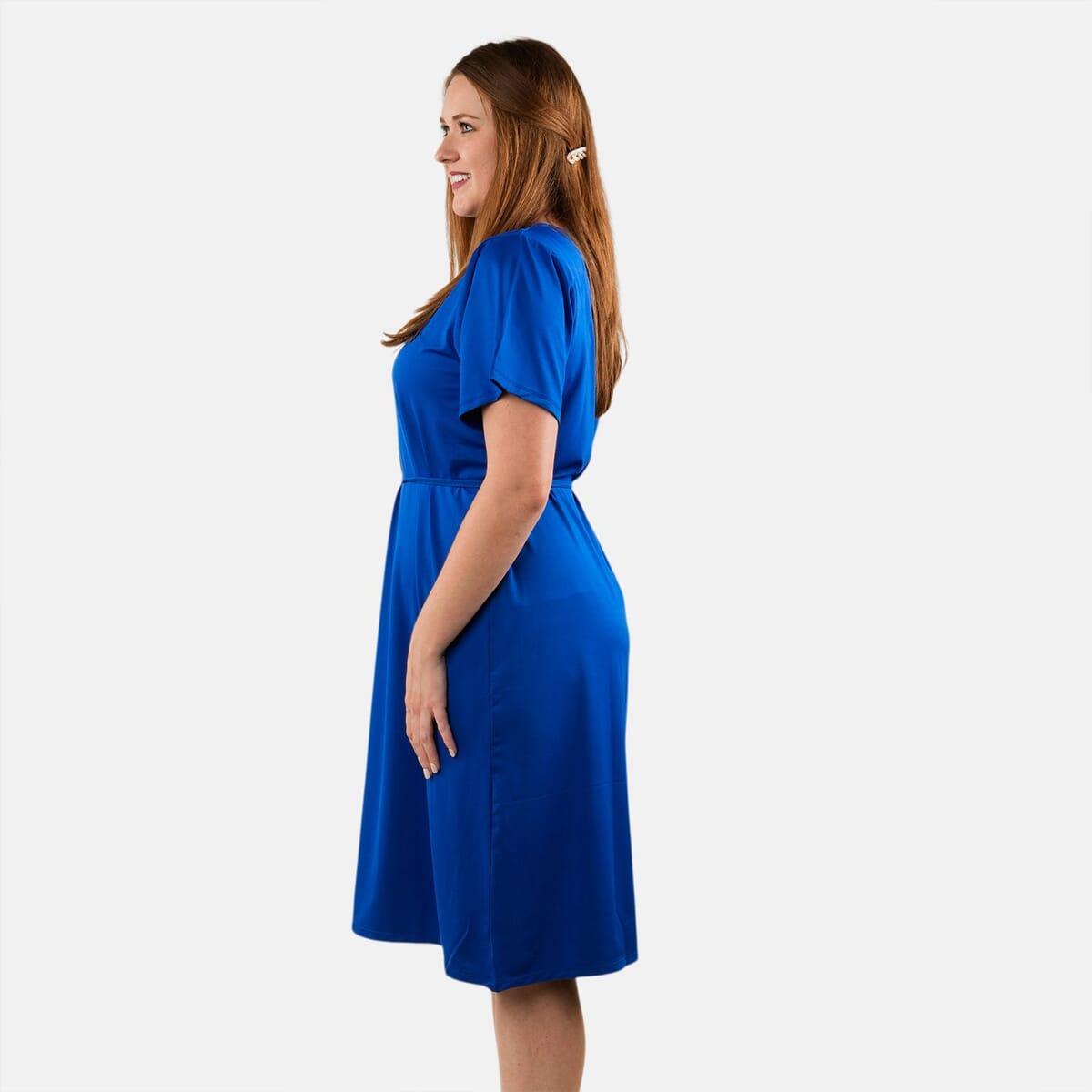 Tamsy Blue Round Neck Midi Dress with Waist Tie - US Medium image number 2