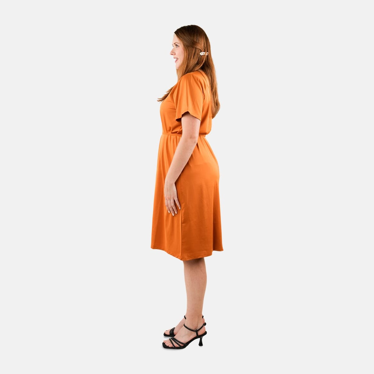 Tamsy Golden Round Neck Midi Dress with Waist Tie - US Large image number 2