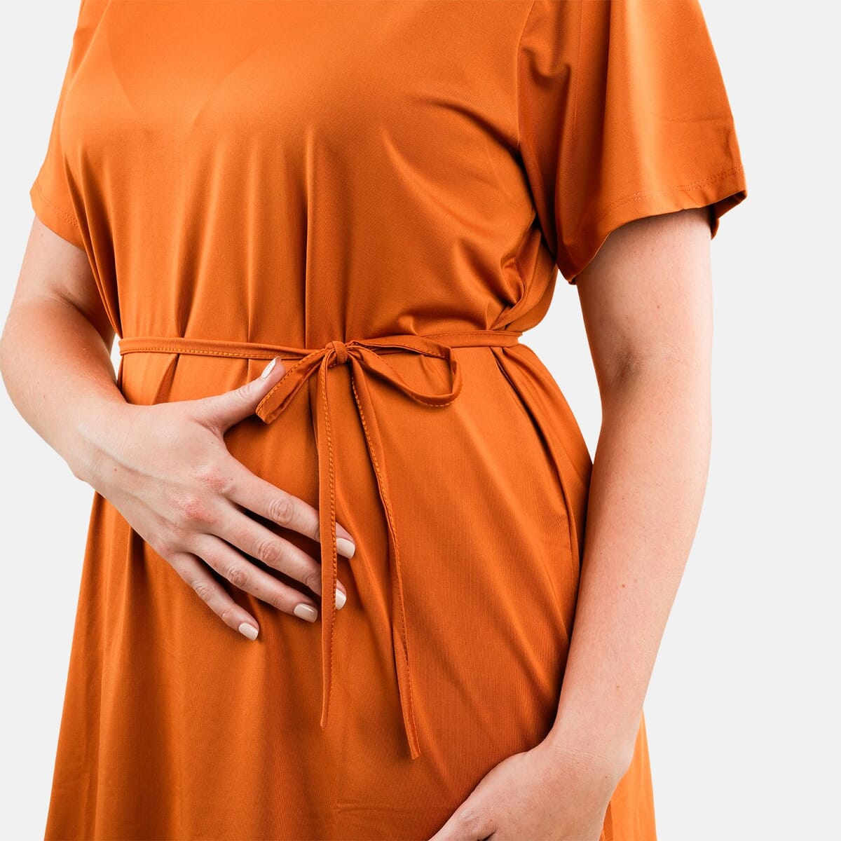 Tamsy Golden Round Neck Midi Dress with Waist Tie - US Large image number 3
