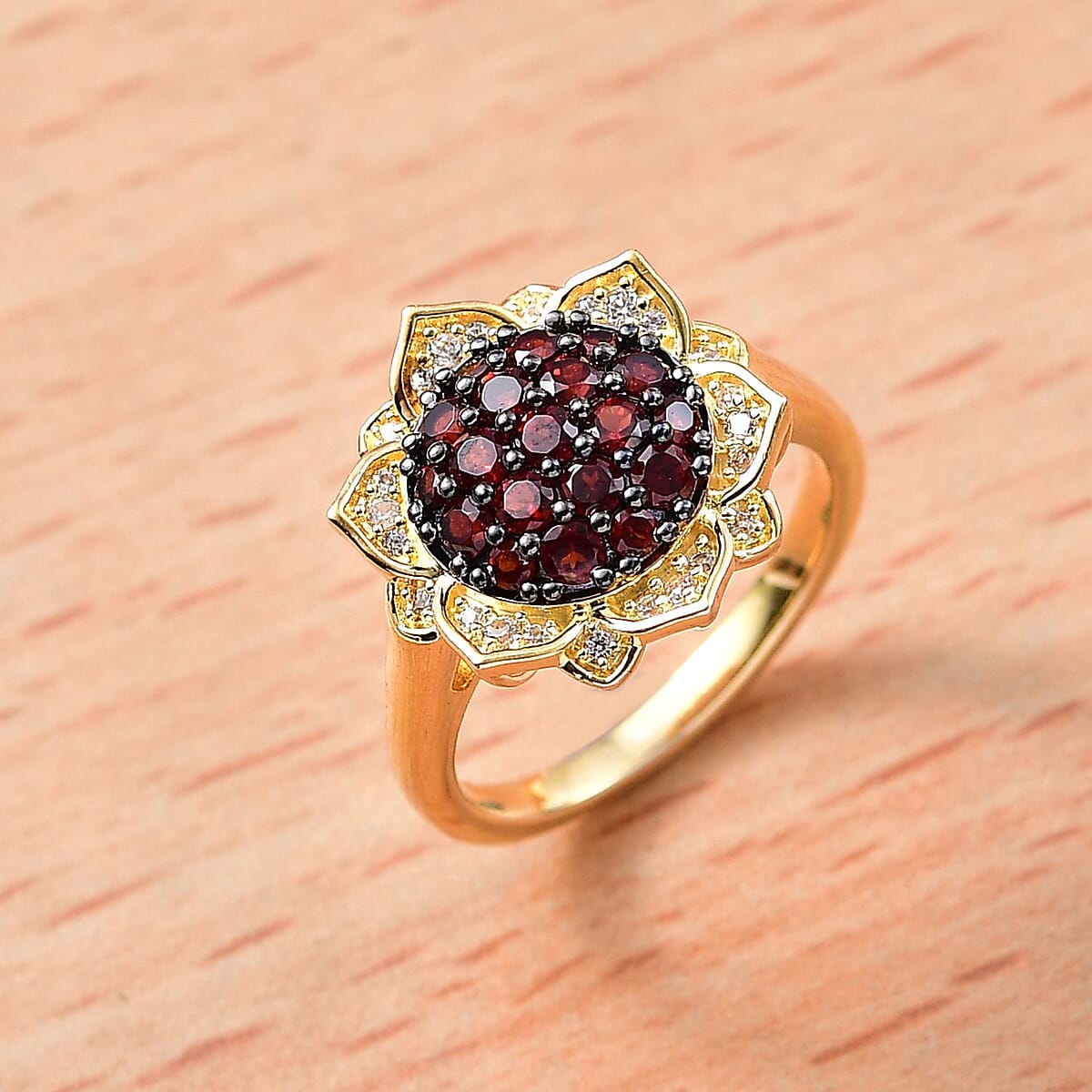 Karis Mozambique Garnet and White Zircon 1.20 ctw Lotus Flower Ring in 18K Yellow Gold Plated (Size 5.0) image number 1