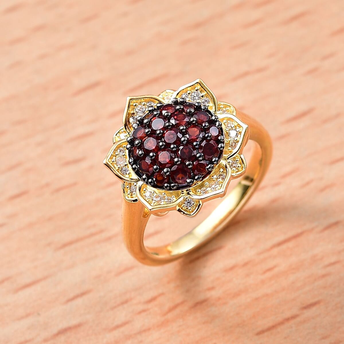 Karis Mozambique Garnet and White Zircon 1.20 ctw Lotus Flower Ring in 18K Yellow Gold Plated (Size 6.0) image number 1